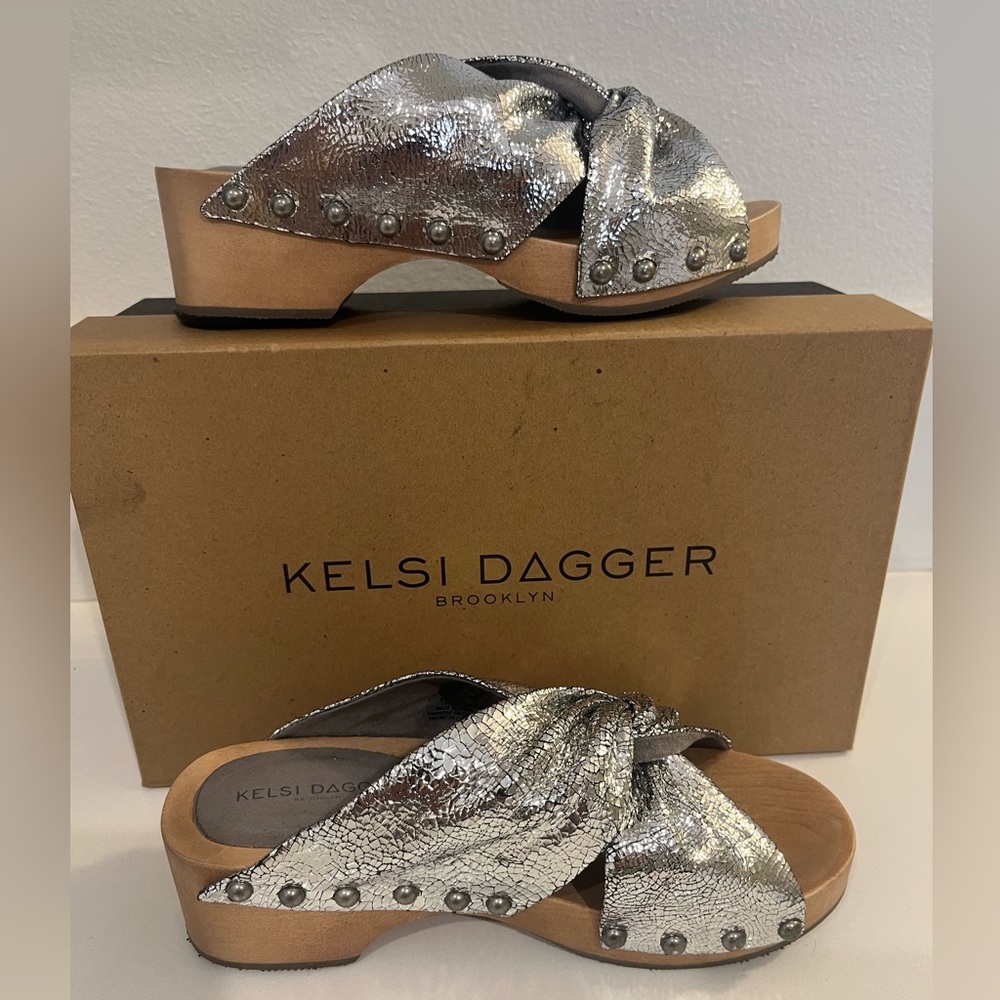 Kelsi Dagger Silver Leather Healed Slide Size 6.5 (Runs Small) "Sprinter"